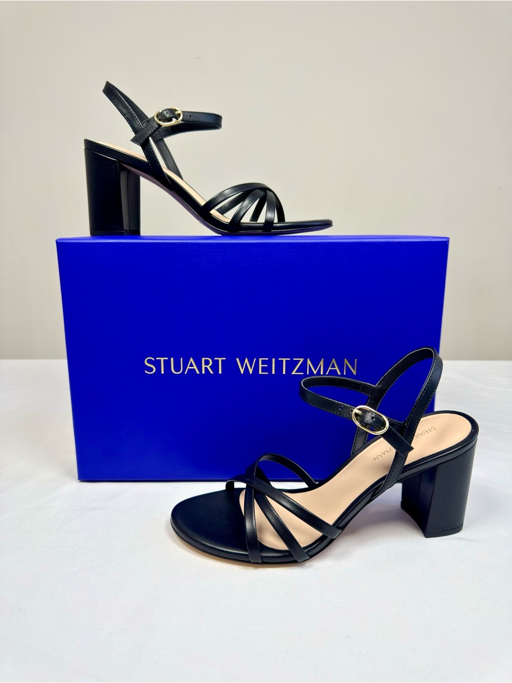 Stuart Weitzman 75MM Starla Leather Block Heel Sandals - Black Size 6.5